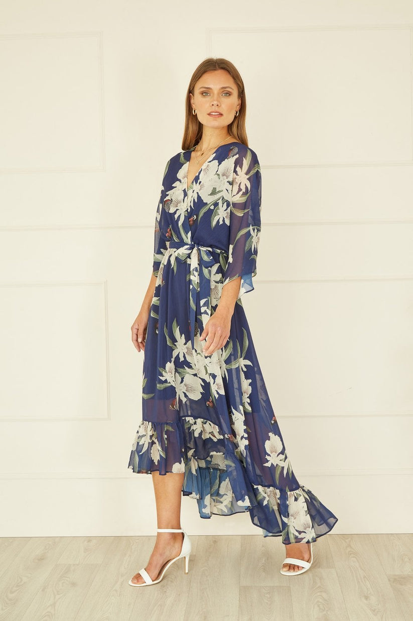 Yumi Navy Floral Kimono Sleeve Wrap Midi Dress | UK Sizes 6–28 - Sleeve Detail - QHA UK