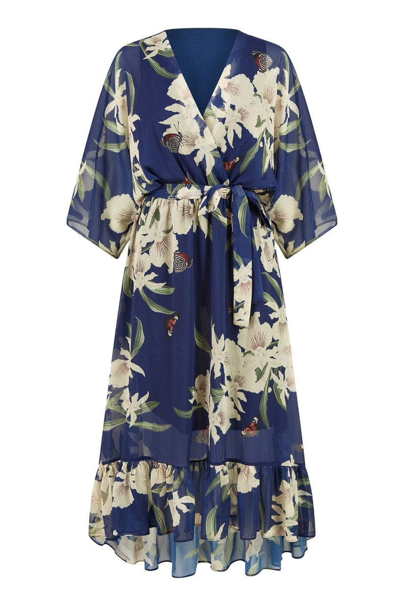 Yumi Navy Floral Kimono Sleeve Wrap Midi Dress | UK Sizes 6–28 - Sleeve Detail - QHA UK