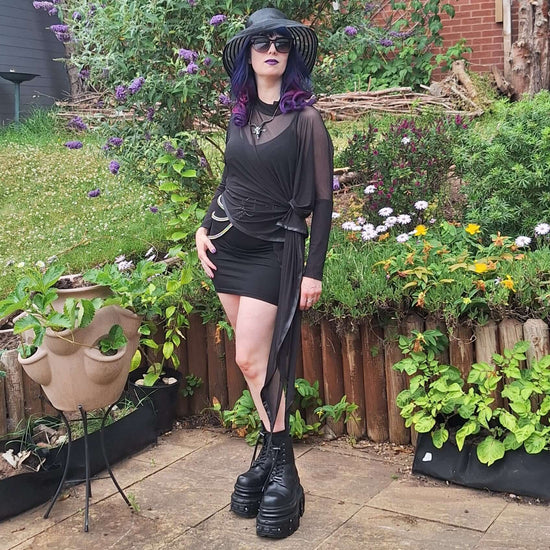 Necessary Evil Gothic Dress Anahita Mesh Layer Black with Faux Leather - QHA UK