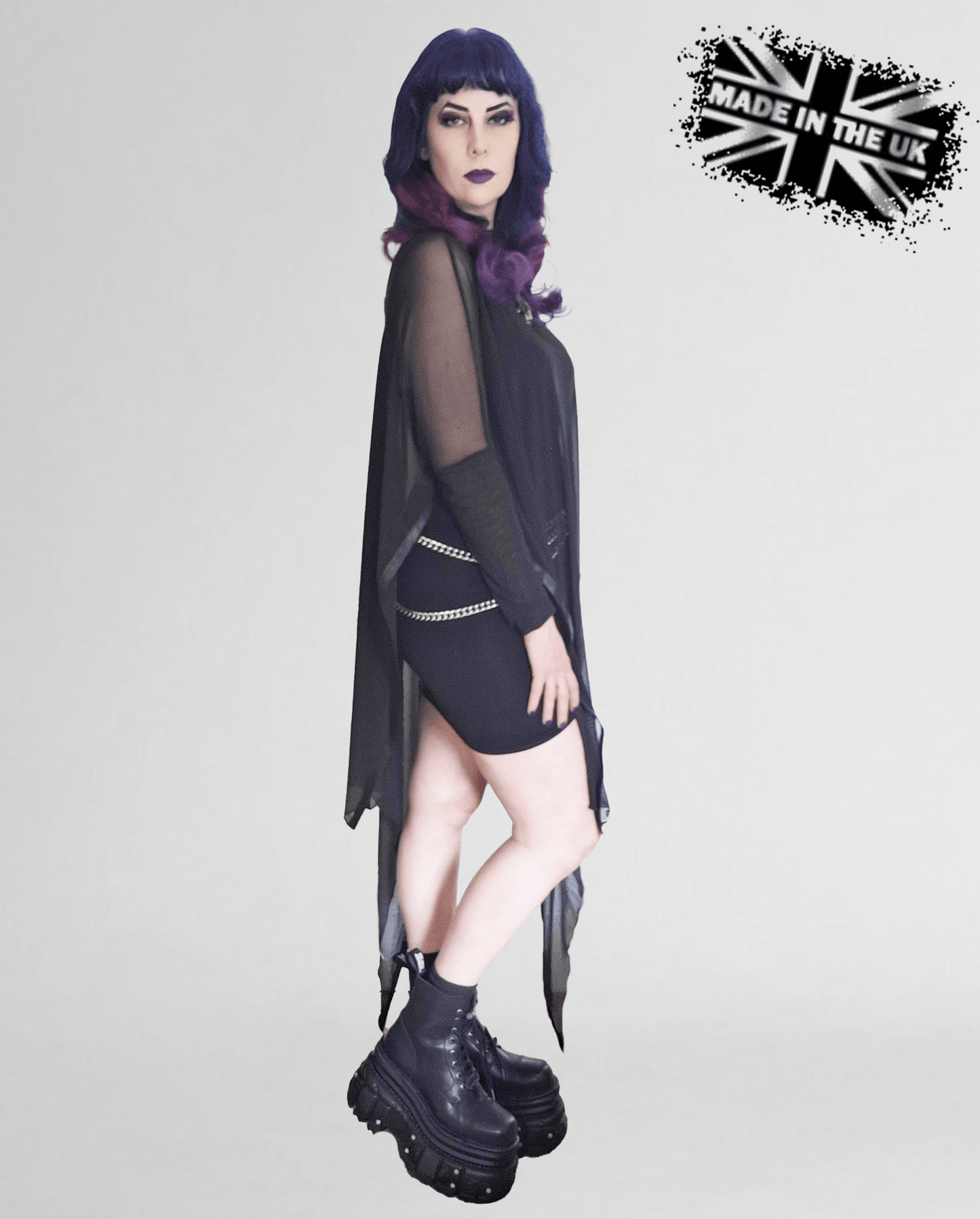 Necessary Evil Gothic Dress Anahita Mesh Layer Black with Faux Leather - QHA UK