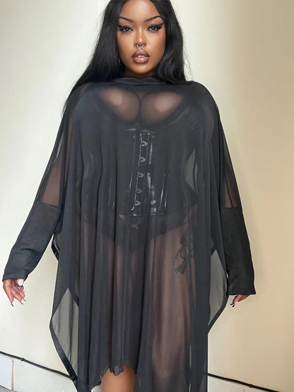 Necessary Evil Gothic Dress Anahita Mesh Layer Black with Faux Leather - QHA UK