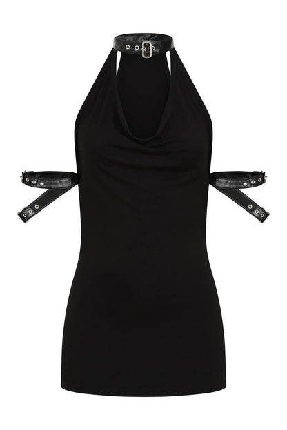 Necessary Evil Gothic Top Aphrodite Plunge Cowl Neck Faux Leather - Collar Detail - QHA UK