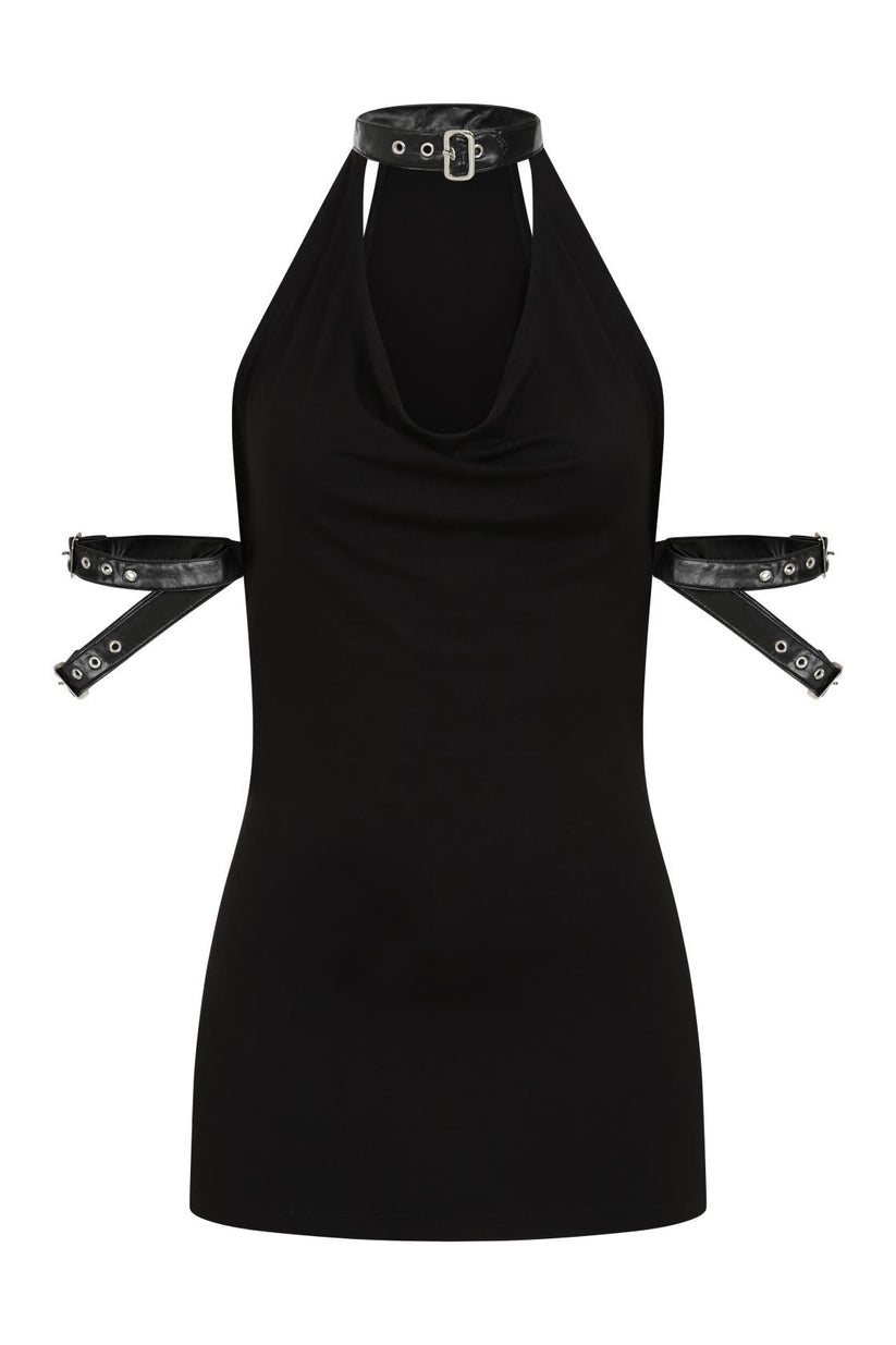 Necessary Evil Gothic Top Aphrodite Plunge Cowl Neck Faux Leather - Collar Detail - QHA UK