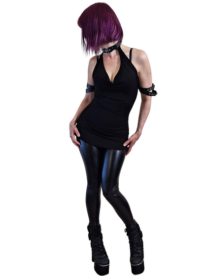 Necessary Evil Gothic Top Aphrodite Plunge Cowl Neck Faux Leather - Collar Detail - QHA UK
