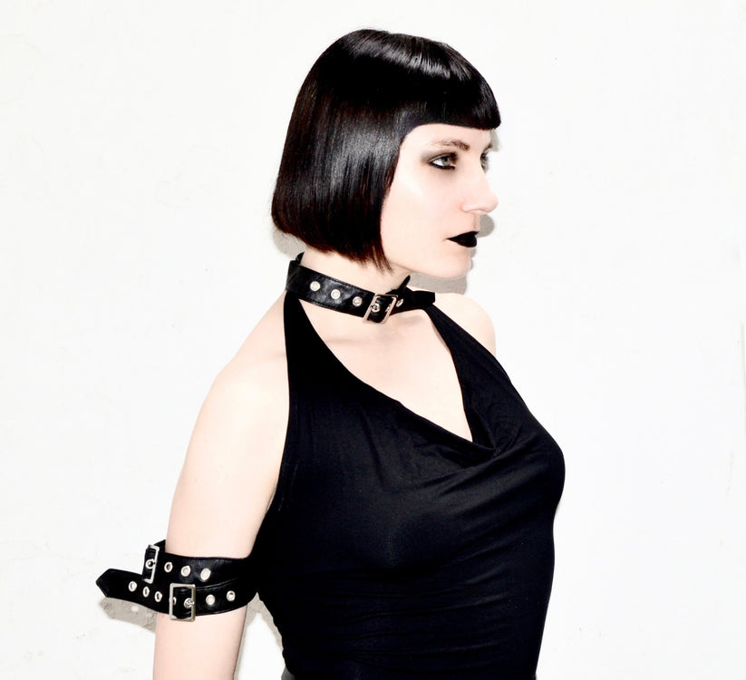 Necessary Evil Gothic Top Aphrodite Plunge Cowl Neck Faux Leather - Collar Detail - QHA UK