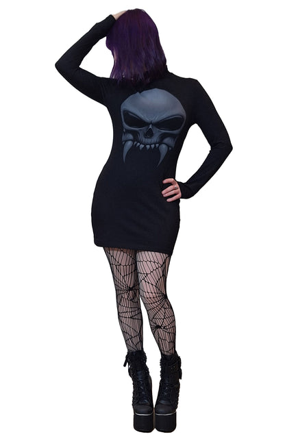 Necessary Evil Mini Dress Athena Vampire Skull Print UK 8-16 - Pattern Detail - QHA UK