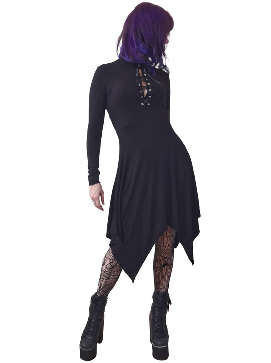 Necessary Evil Gothic Midi Dress Kali Handkerchief Hem Long Sleeve - QHA UK