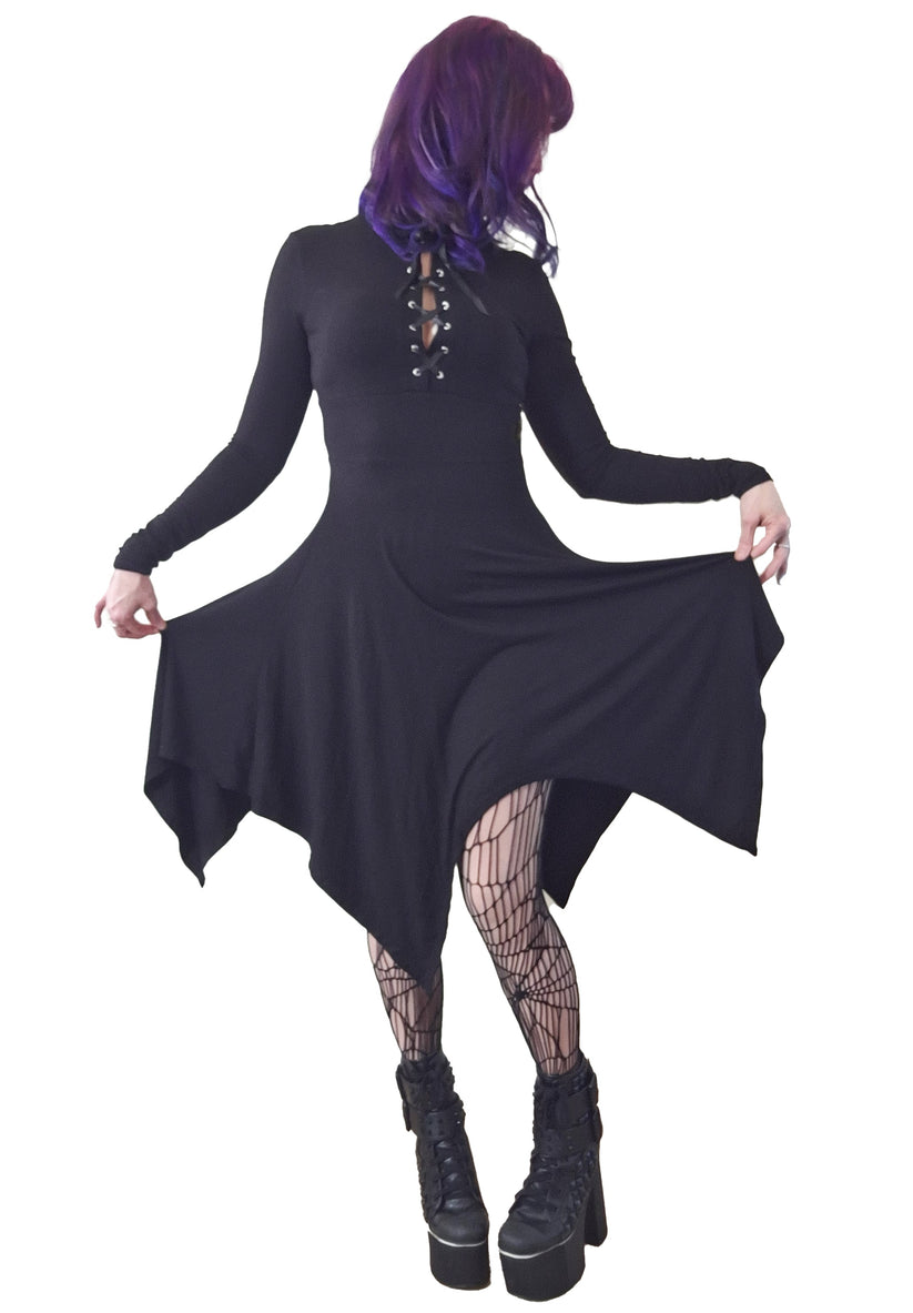 Necessary Evil Gothic Midi Dress Kali Handkerchief Hem Long Sleeve - Sleeve Detail - QHA UK