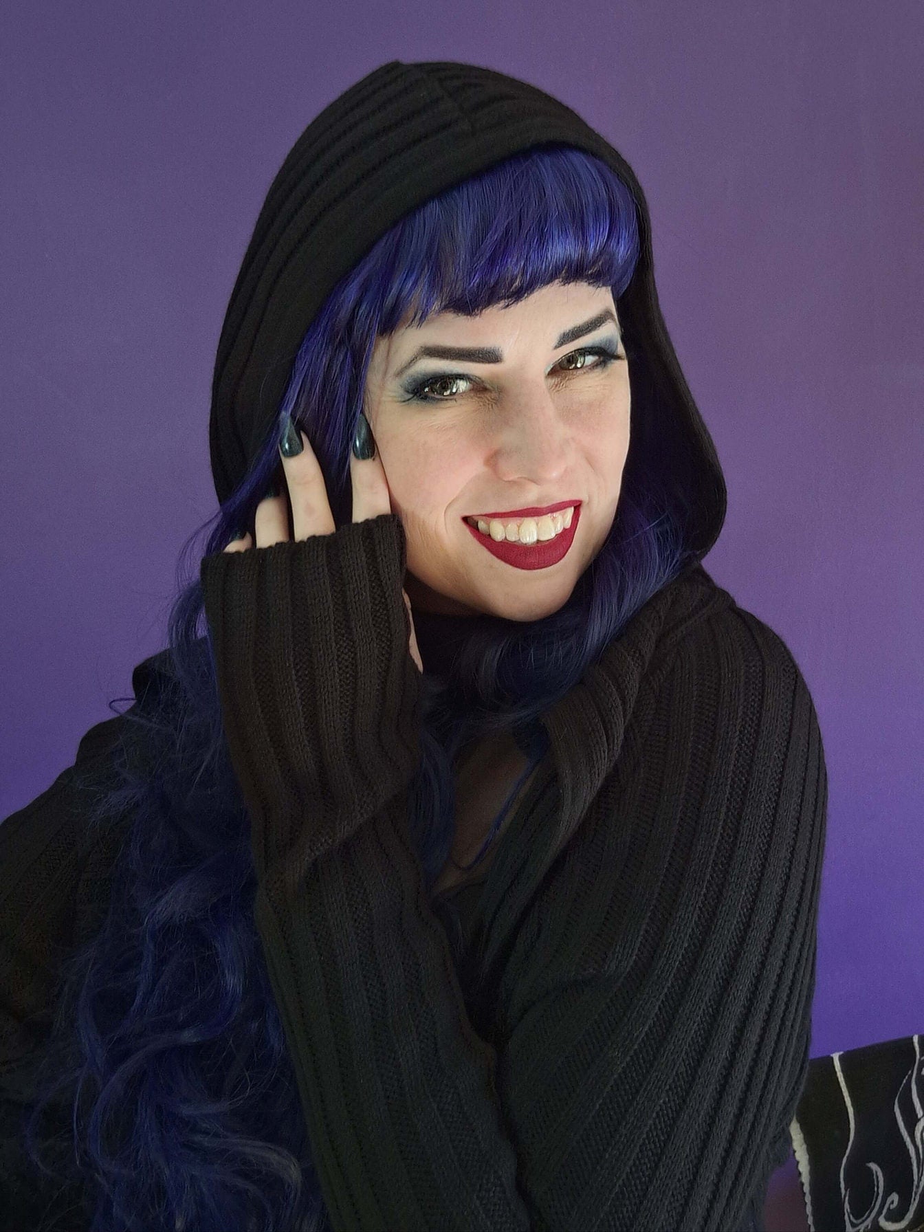 Necessary Evil Women's Cardigan Ribbed Sabrina Draped with Hood - Model Wearing Product - QHA UK