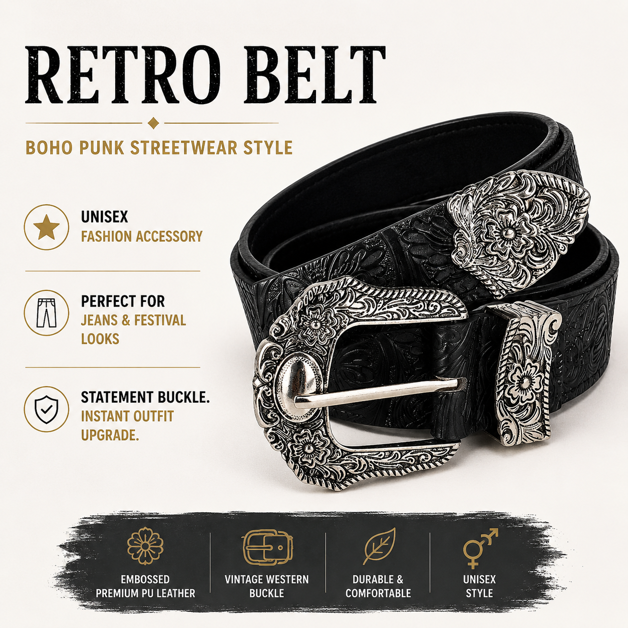 Unisex Retro Rhinestone Buckle PU Belt Boho Punk Hip Hop Fashion Belt - QHA UK
