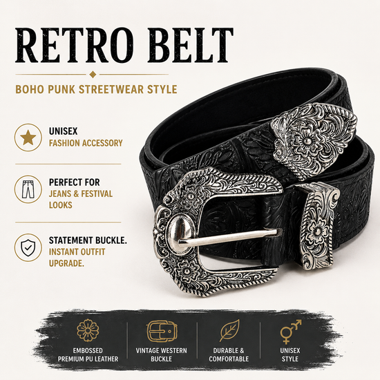 Unisex Retro Rhinestone Buckle PU Belt Boho Punk Hip Hop Fashion Belt - QHA UK