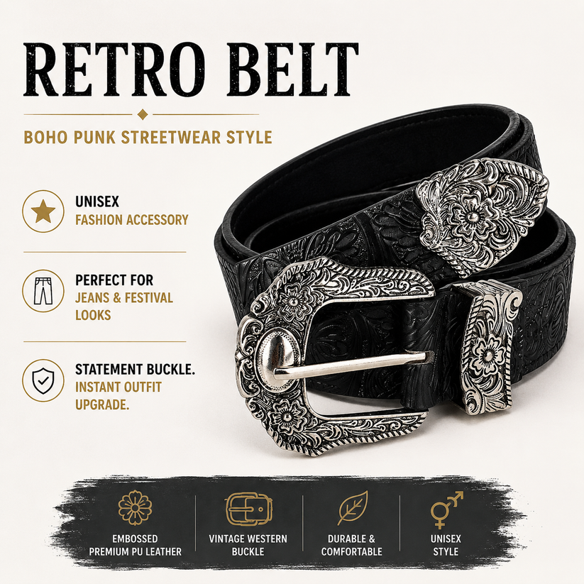 Unisex Retro Rhinestone Buckle PU Belt Boho Punk Hip Hop Fashion Belt - QHA UK