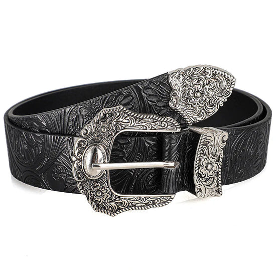 Unisex Retro Rhinestone Buckle PU Belt Boho Punk Hip Hop Fashion Belt - Buckle Detail - QHA UK