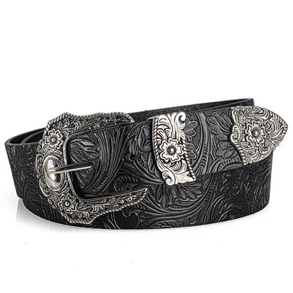 Unisex Retro Rhinestone Buckle PU Belt Boho Punk Hip Hop Fashion Belt - Buckle Detail - QHA UK