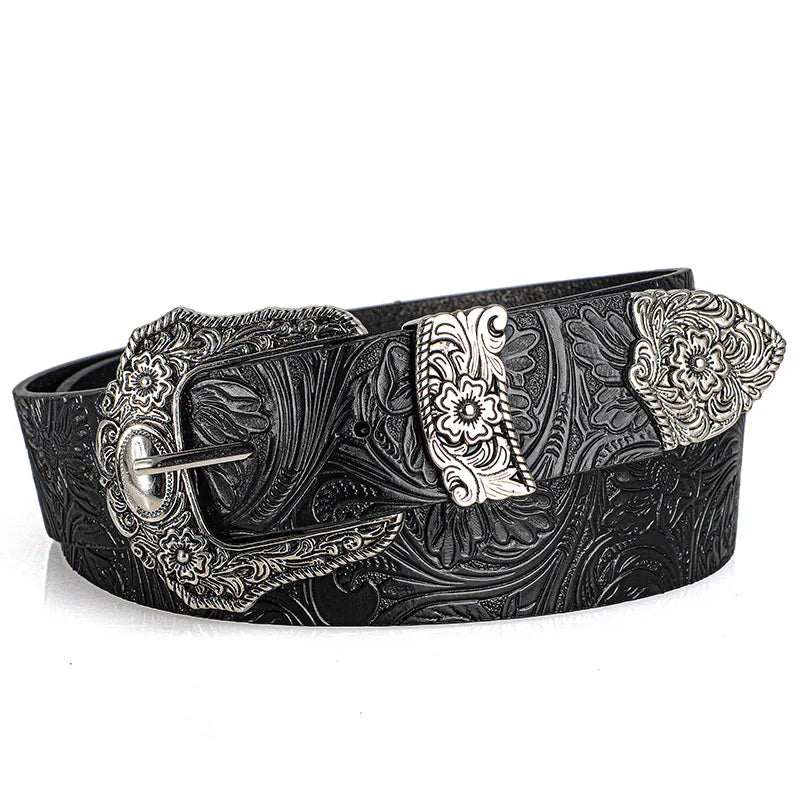Unisex Retro Rhinestone Buckle PU Belt Boho Punk Hip Hop Fashion Belt - Buckle Detail - QHA UK