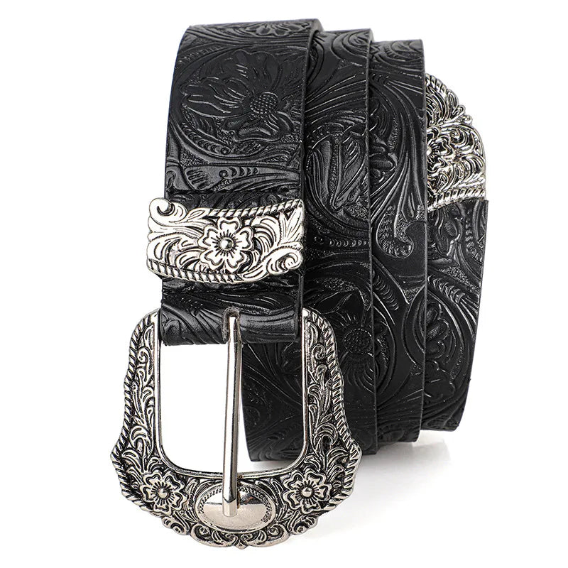 Unisex Retro Rhinestone Buckle PU Belt Boho Punk Hip Hop Fashion Belt - Buckle Detail - QHA UK