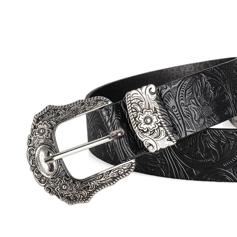 Unisex Retro Rhinestone Buckle PU Belt Boho Punk Hip Hop Fashion Belt - Buckle Detail - QHA UK