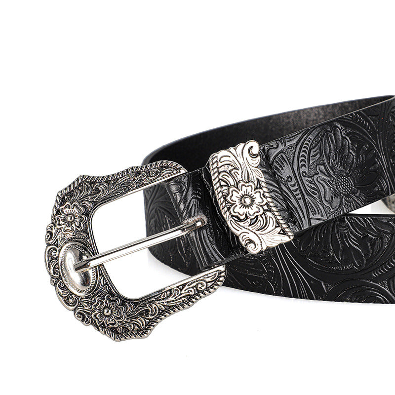 Unisex Retro Rhinestone Buckle PU Belt Boho Punk Hip Hop Fashion Belt - Buckle Detail - QHA UK