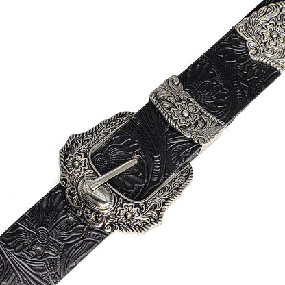 Unisex Retro Rhinestone Buckle PU Belt Boho Punk Hip Hop Fashion Belt - Buckle Detail - QHA UK