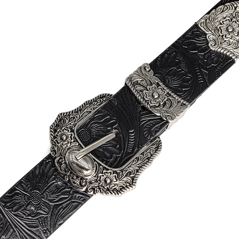 Unisex Retro Rhinestone Buckle PU Belt Boho Punk Hip Hop Fashion Belt - Buckle Detail - QHA UK