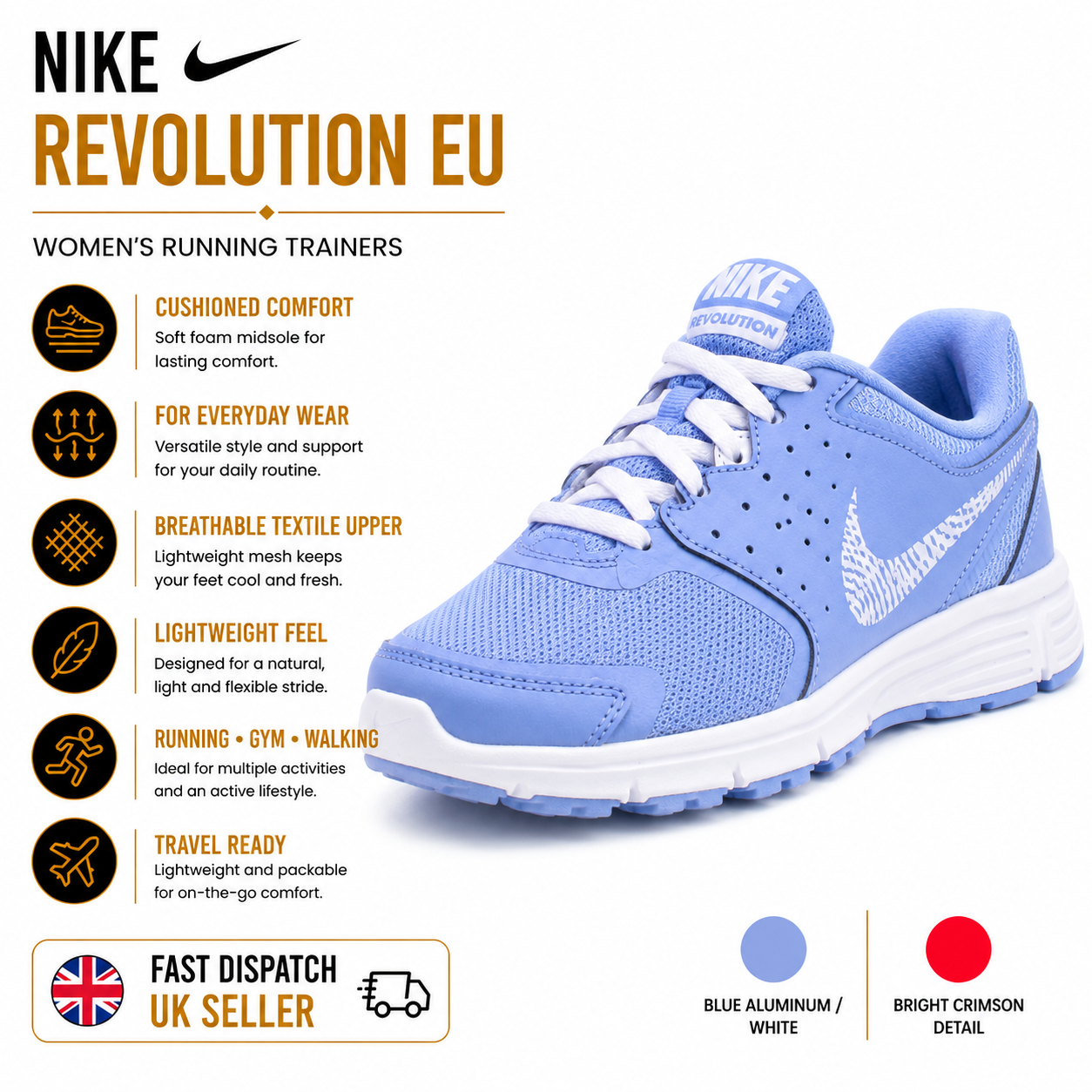 Nike Revolution EU Womens Running Trainers Blue White Crimson 706582-4 - QHA UK