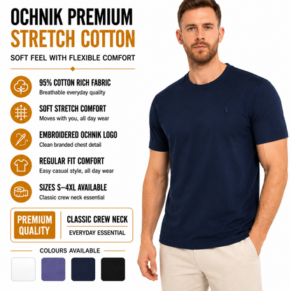 Ochnik Mens Stretch Cotton T-Shirt Crew Neck Logo Tee Regular Fit S-4X - Collar Detail - QHA UK