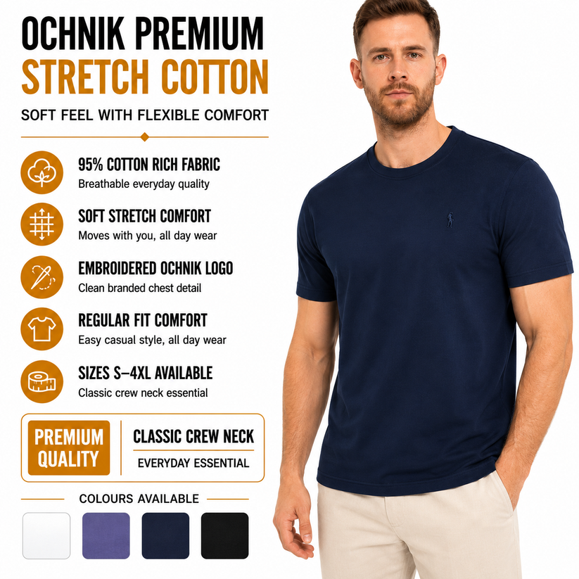 Ochnik Mens Stretch Cotton T-Shirt Crew Neck Logo Tee Regular Fit S-4X - Collar Detail - QHA UK