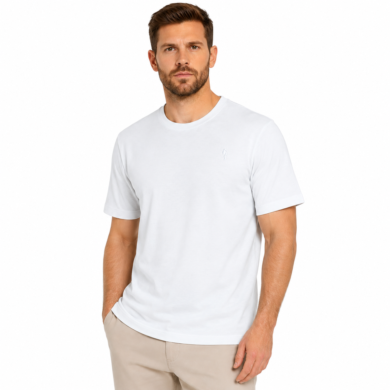 Ochnik Mens Stretch Cotton T-Shirt Crew Neck Logo Tee Regular Fit S-4X - Collar Detail - QHA UK