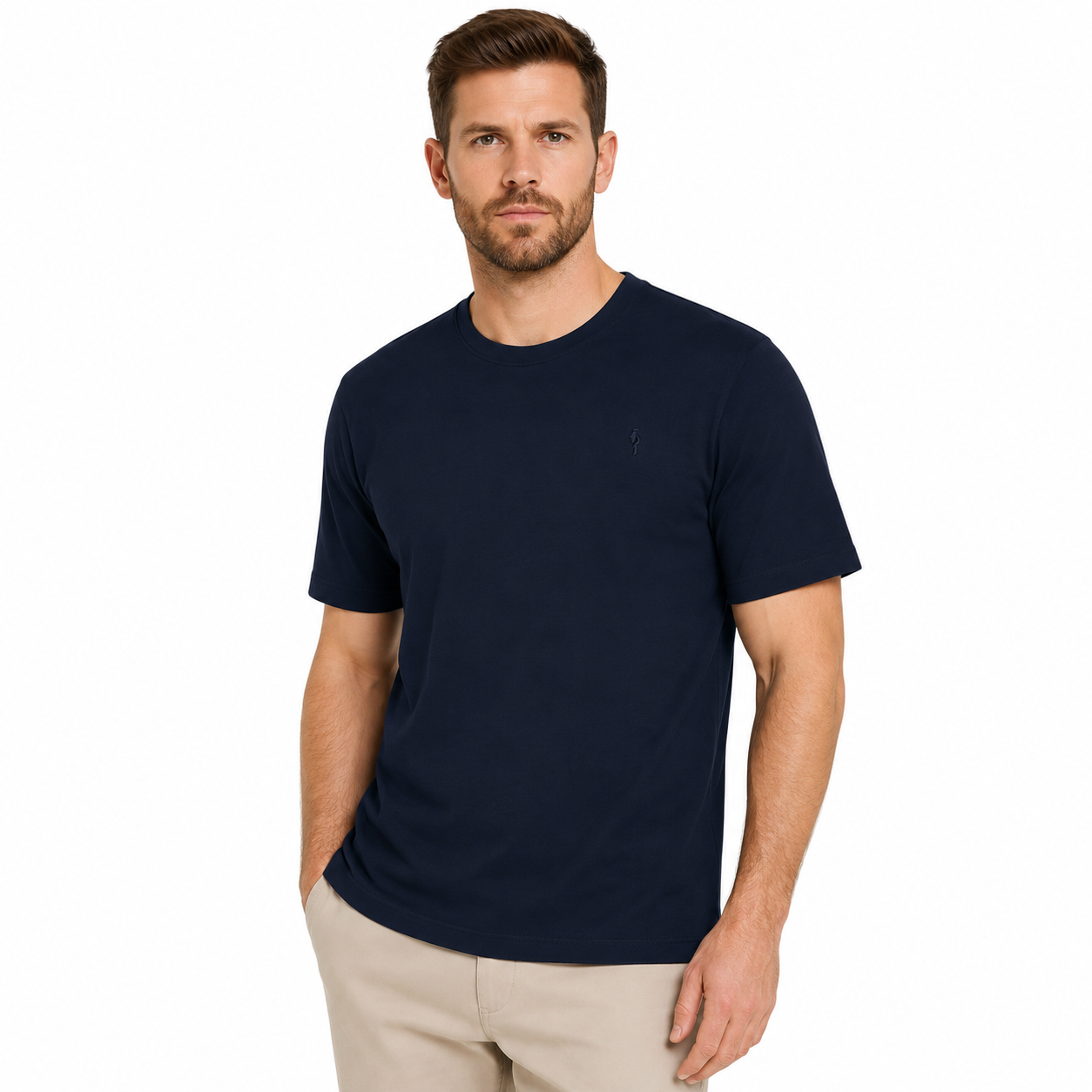 Ochnik Mens Stretch Cotton T-Shirt Crew Neck Logo Tee Regular Fit S-4X - Collar Detail - QHA UK