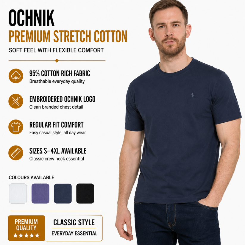 Ochnik Mens Stretch Cotton T-Shirt Crew Neck Logo Tee Regular Fit S-4X - Collar Detail - QHA UK