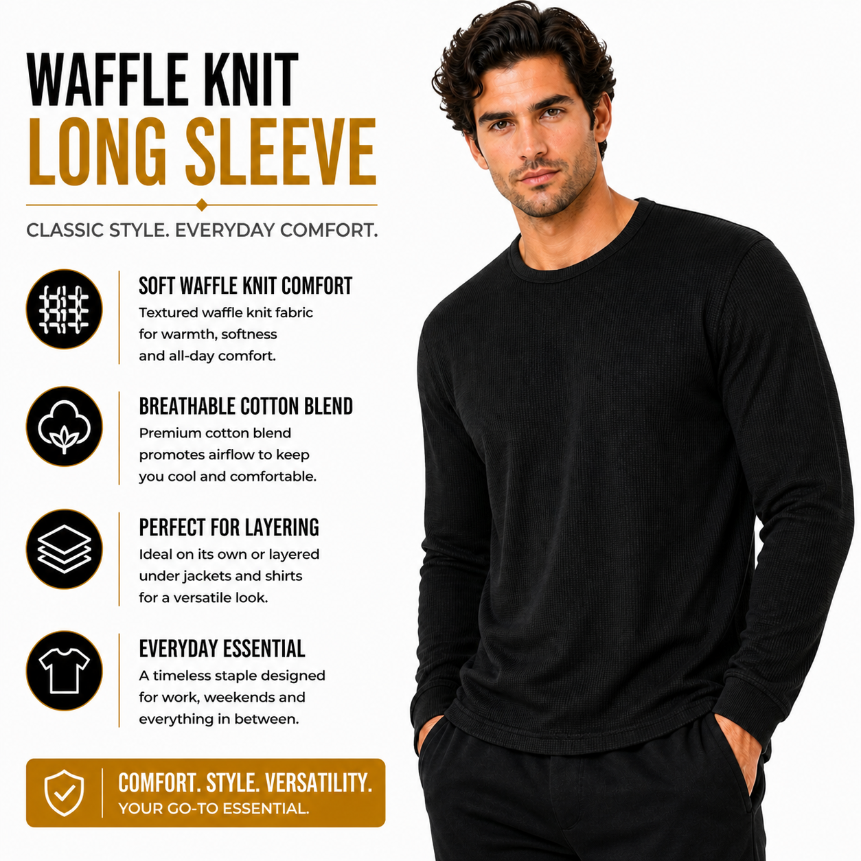 ONE Mens Waffle Knit Long Sleeve T-Shirt Cotton Crew Neck Casual Top | - QHA UK