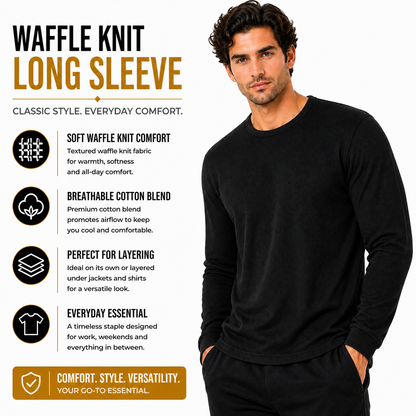 ONE Mens Waffle Knit Long Sleeve T-Shirt Cotton Crew Neck Casual Top | - QHA UK