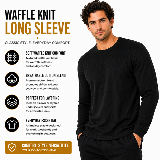 ONE Mens Waffle Knit Long Sleeve T-Shirt Cotton Crew Neck Casual Top | - QHA UK
