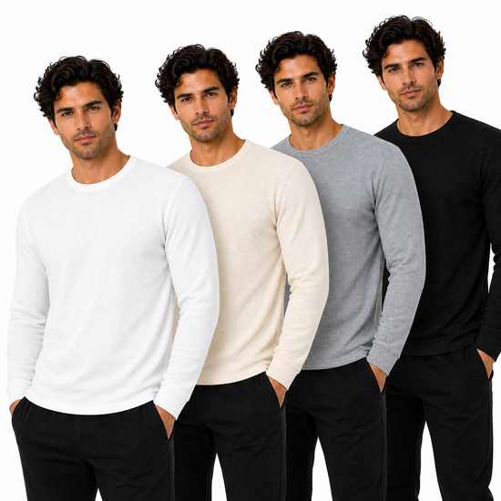 ONE Mens Waffle Knit Long Sleeve T-Shirt Cotton Crew Neck Casual Top | - Collar Detail - QHA UK