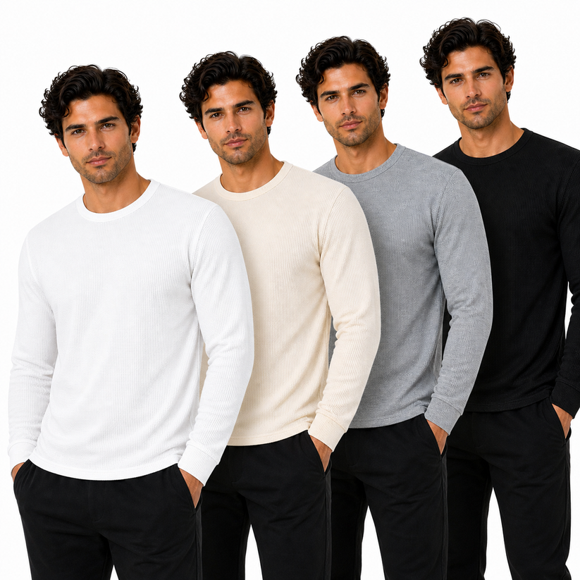 ONE Mens Waffle Knit Long Sleeve T-Shirt Cotton Crew Neck Casual Top | - Collar Detail - QHA UK