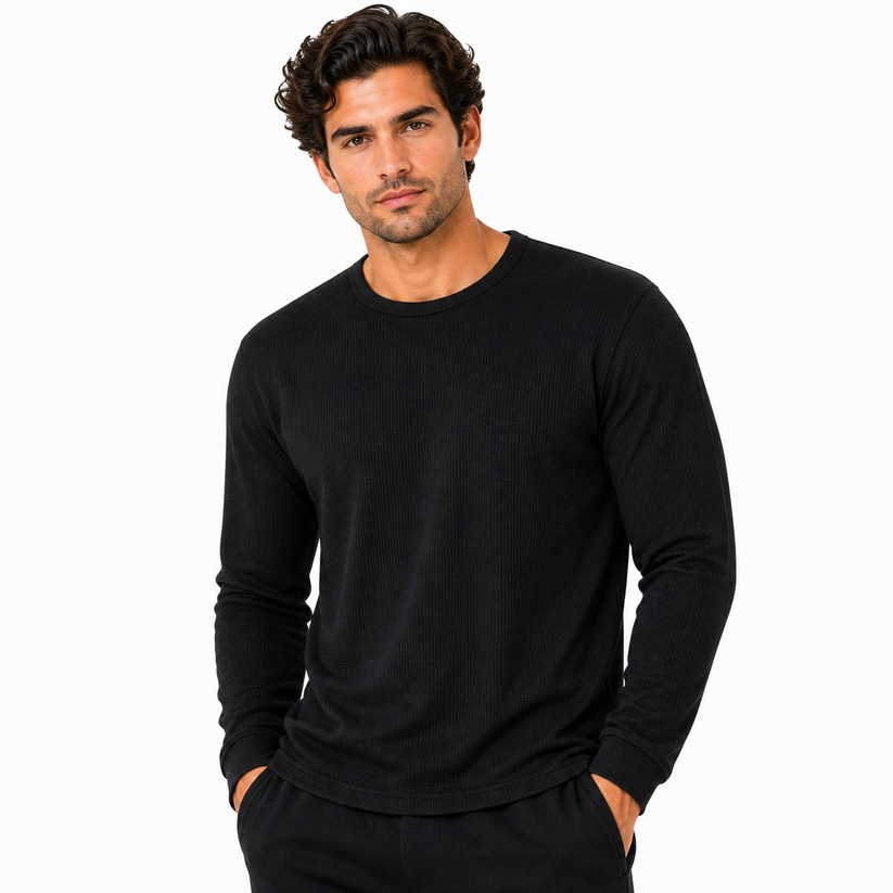 ONE Mens Waffle Knit Long Sleeve T-Shirt Cotton Crew Neck Casual Top | - Collar Detail - QHA UK
