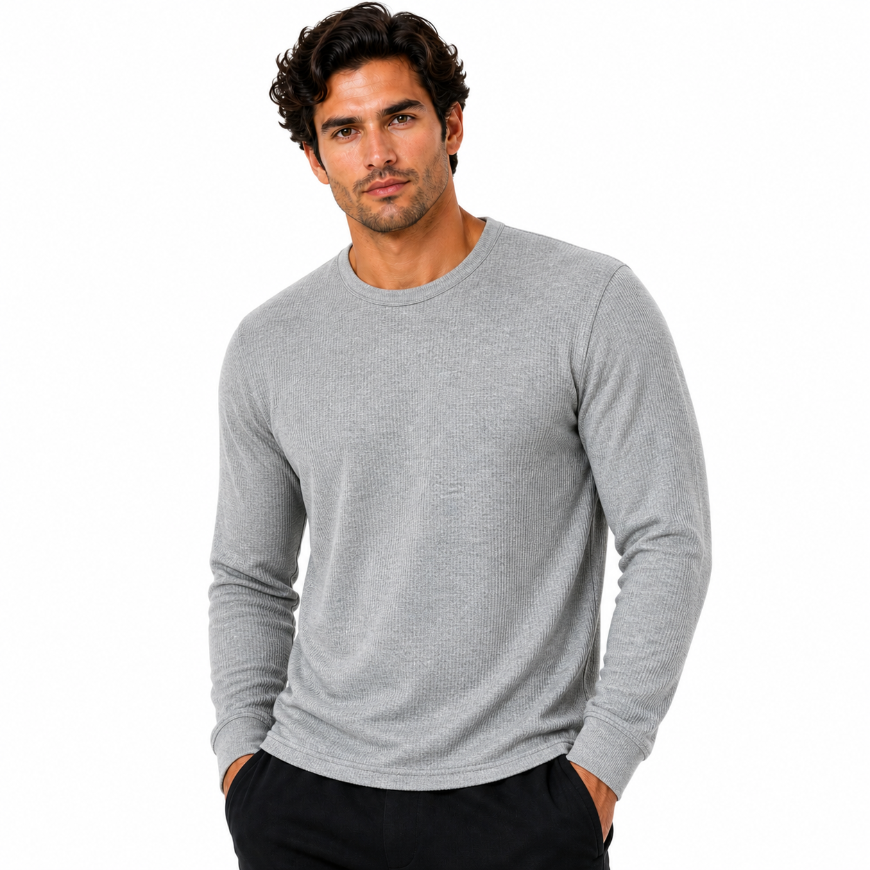 ONE Mens Waffle Knit Long Sleeve T-Shirt Cotton Crew Neck Casual Top | - Collar Detail - QHA UK