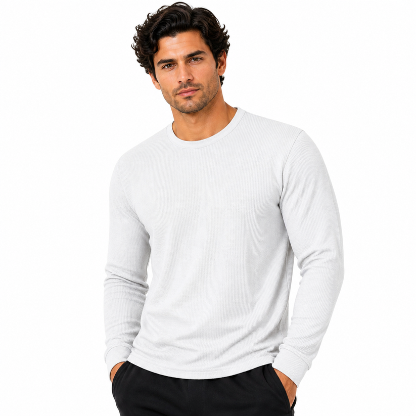 ONE Mens Waffle Knit Long Sleeve T-Shirt Cotton Crew Neck Casual Top | - Collar Detail - QHA UK