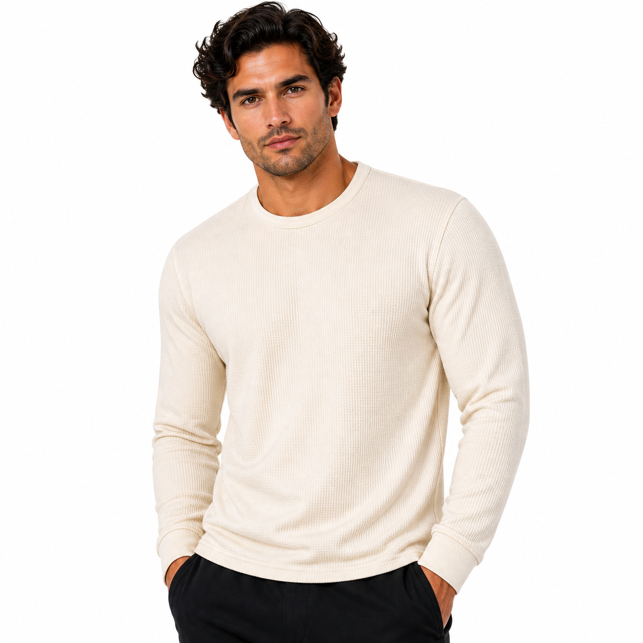 ONE Mens Waffle Knit Long Sleeve T-Shirt Cotton Crew Neck Casual Top | - Collar Detail - QHA UK