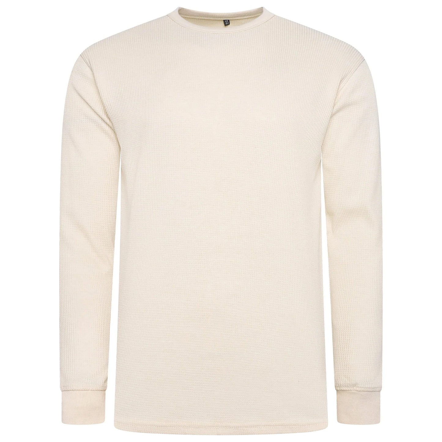 ONE Mens Waffle Knit Long Sleeve T-Shirt Cotton Crew Neck Casual Top | - Collar Detail - QHA UK