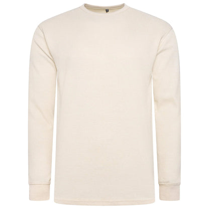 ONE Mens Waffle Knit Long Sleeve T-Shirt Cotton Crew Neck Casual Top | - Collar Detail - QHA UK