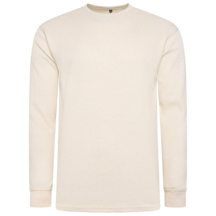 ONE Mens Waffle Knit Long Sleeve T-Shirt Cotton Crew Neck Casual Top | - Collar Detail - QHA UK
