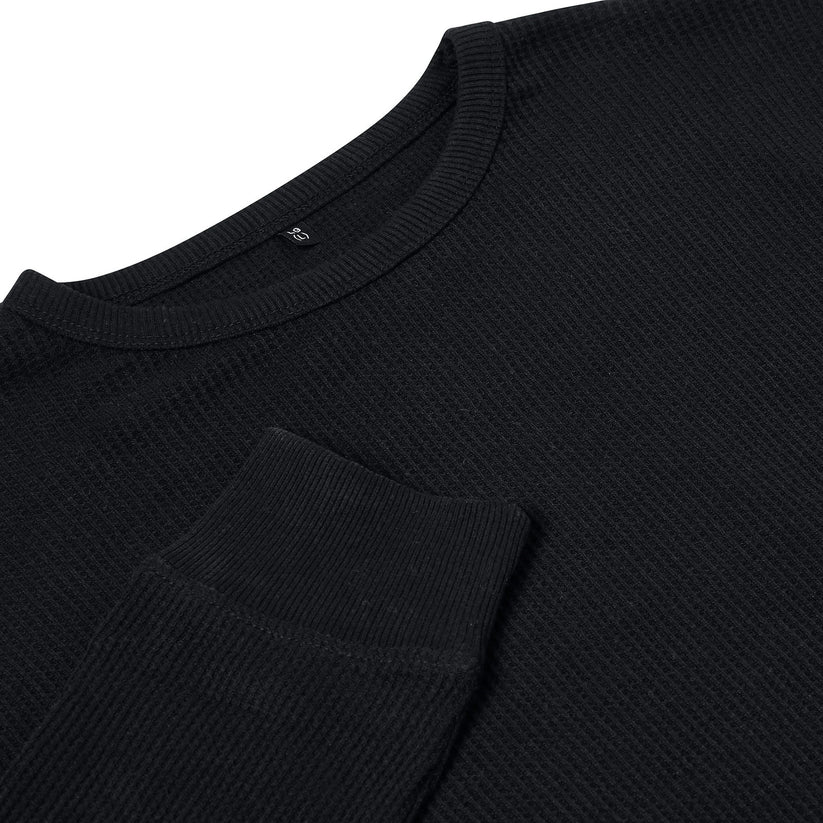 ONE Mens Waffle Knit Long Sleeve T-Shirt Cotton Crew Neck Casual Top | - Collar Detail - QHA UK