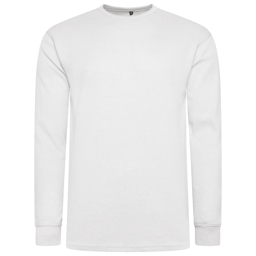 ONE Mens Waffle Knit Long Sleeve T-Shirt Cotton Crew Neck Casual Top | - Collar Detail - QHA UK