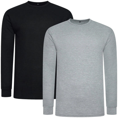 ONE Mens Waffle Knit Long Sleeve T-Shirt Cotton Crew Neck Casual Top | - Sleeve Detail - QHA UK