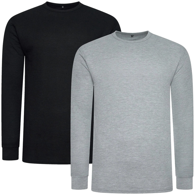 ONE Mens Waffle Knit Long Sleeve T-Shirt Cotton Crew Neck Casual Top | - Sleeve Detail - QHA UK