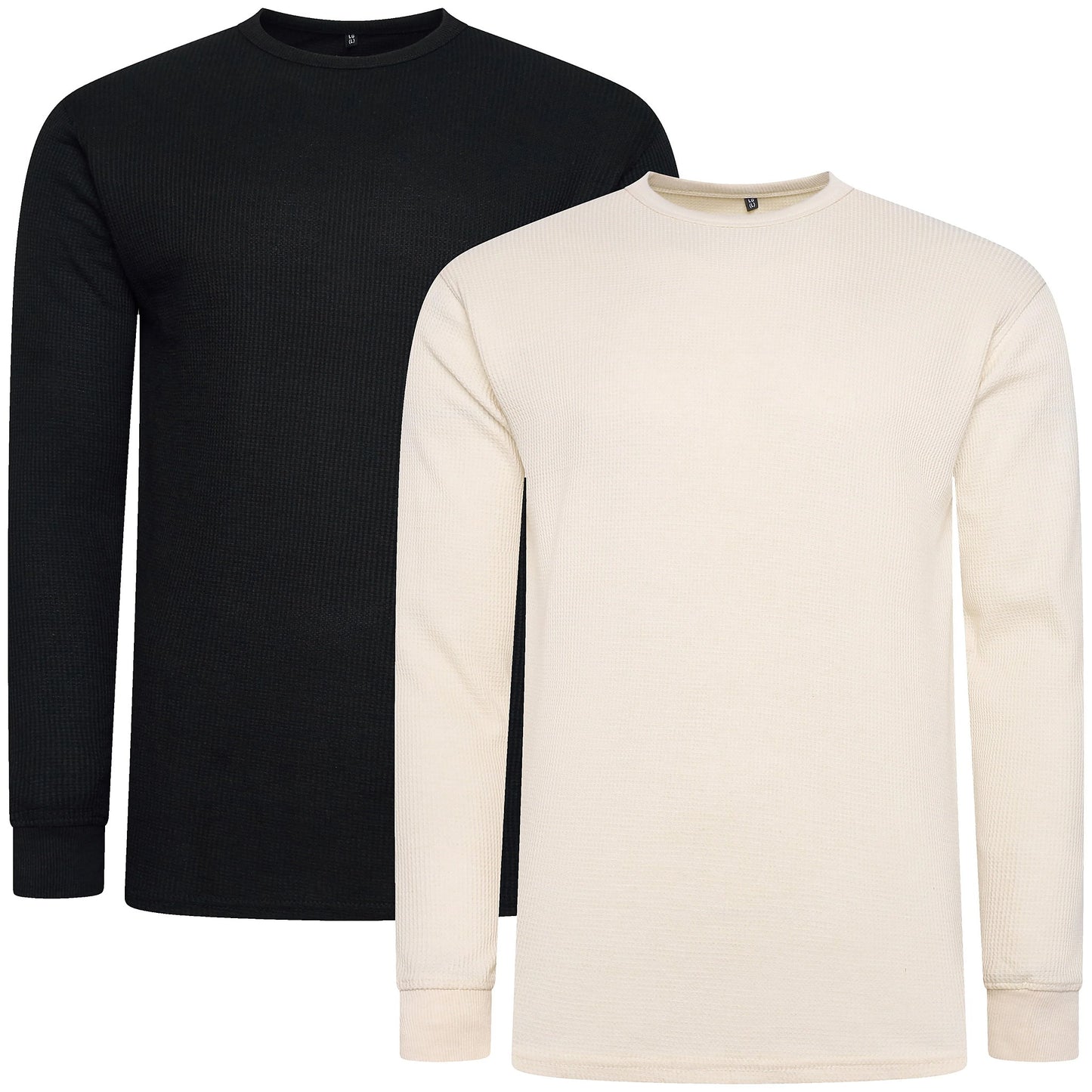 ONE Mens Waffle Knit Long Sleeve T-Shirt Cotton Crew Neck Casual Top | - Collar Detail - QHA UK