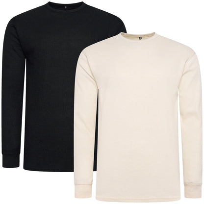 ONE Mens Waffle Knit Long Sleeve T-Shirt Cotton Crew Neck Casual Top | - Collar Detail - QHA UK