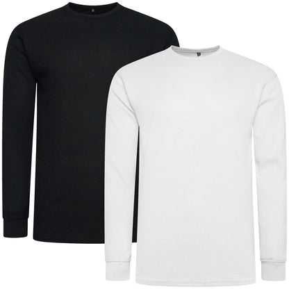 ONE Mens Waffle Knit Long Sleeve T-Shirt Cotton Crew Neck Casual Top | - Collar Detail - QHA UK