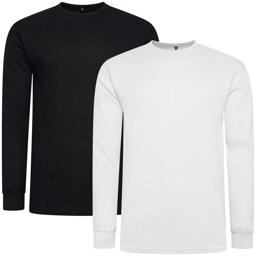 ONE Mens Waffle Knit Long Sleeve T-Shirt Cotton Crew Neck Casual Top | - Collar Detail - QHA UK